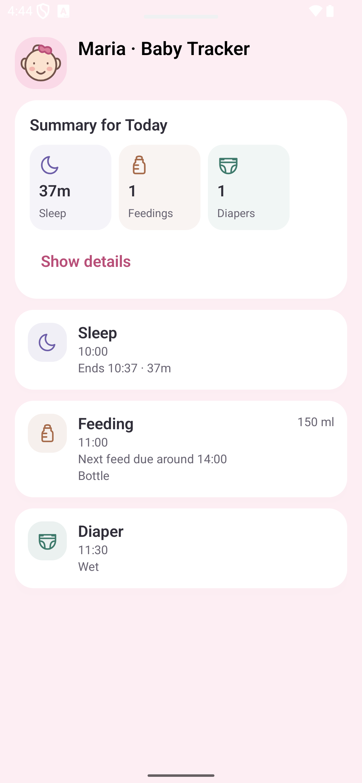 Baby tracker: sleep, feeding and nappy summary with a daily timeline